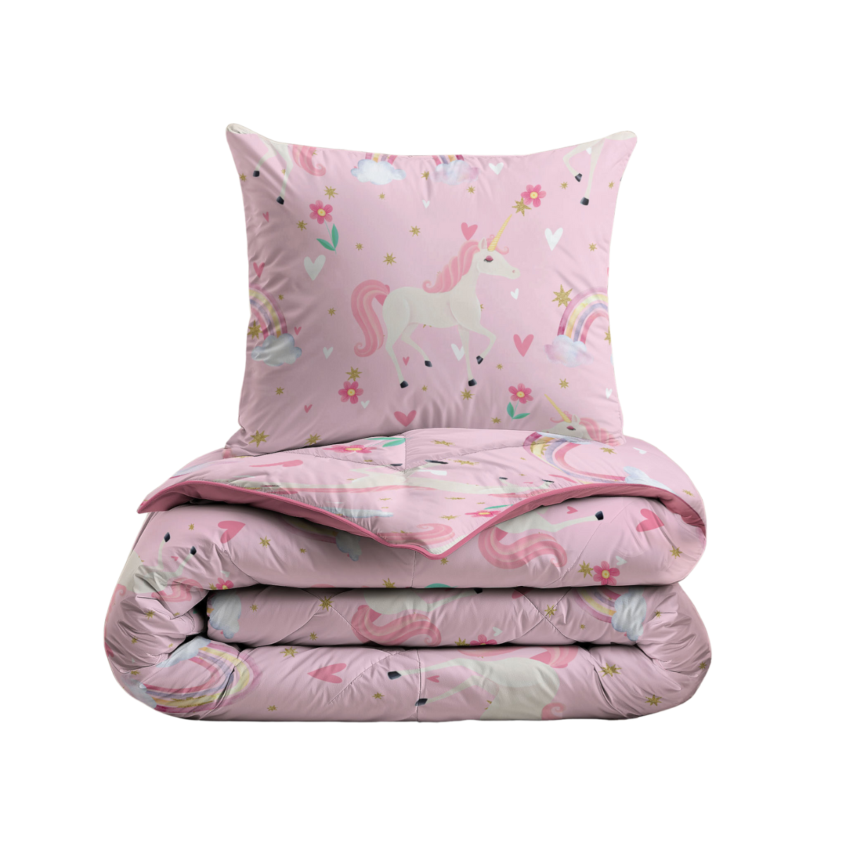 Le Kiddybed Zelesta - Licorne Arc-en-Ciel est un ensemble de literie rose plié avec des motifs de licornes, d'arc-en-ciel, d'étoiles et de cœurs sur fond blanc, doté d'une housse Kiddybed lavable et hypoallergénique intégrée pour un confort optimal et un entretien facile.