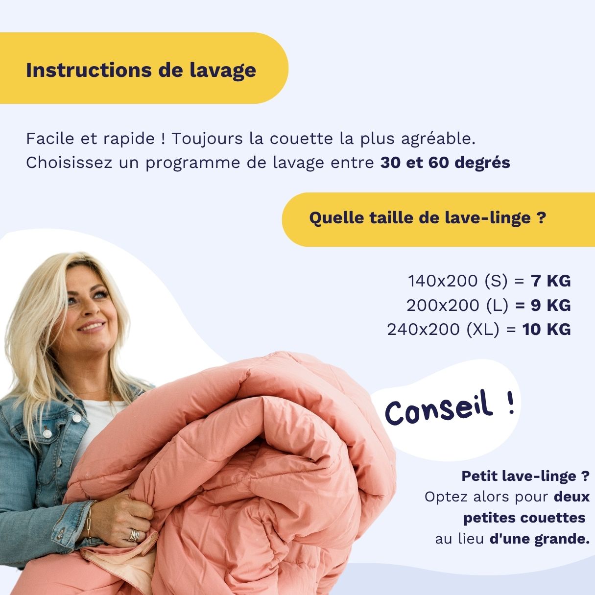 Une femme tient la couette Zelesta Wonderbed Coton - Gris Matinal. Les instructions d'entretien en français détaillent la taille de la machine et la température de lavage recommandées pour cette couette lavable.