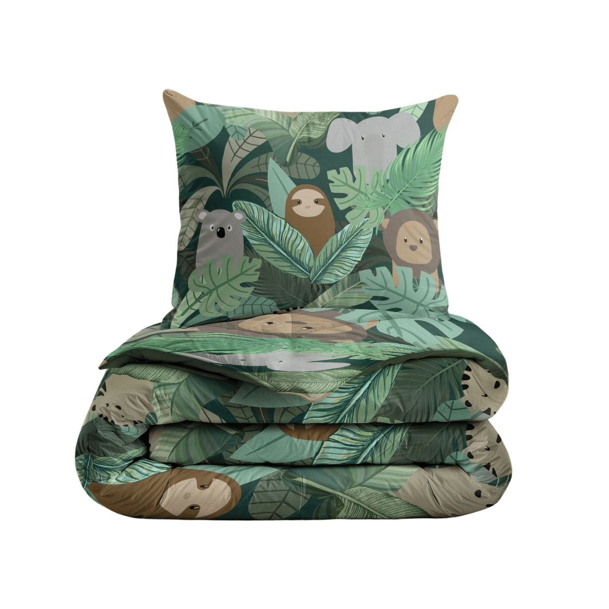 Zelesta Kiddybed - Fantaisie de la Jungle : parure de lit enfant lavable, motif jungle vert avec paresseux, koala, singe et éléphant parmi les feuilles tropicales ; comprend une couette hypoallergénique pour un confort optimal.