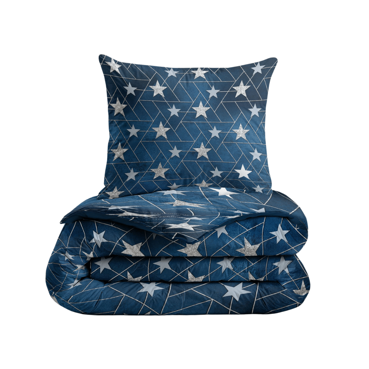 Le lit Zelesta Kiddybed - Étoiles d'Argent est un ensemble de literie bleu avec des étoiles blanches et des lignes géométriques dorées, comprenant une couette pliée avec housse intégrée et un oreiller assorti, parfait pour l'enfant.