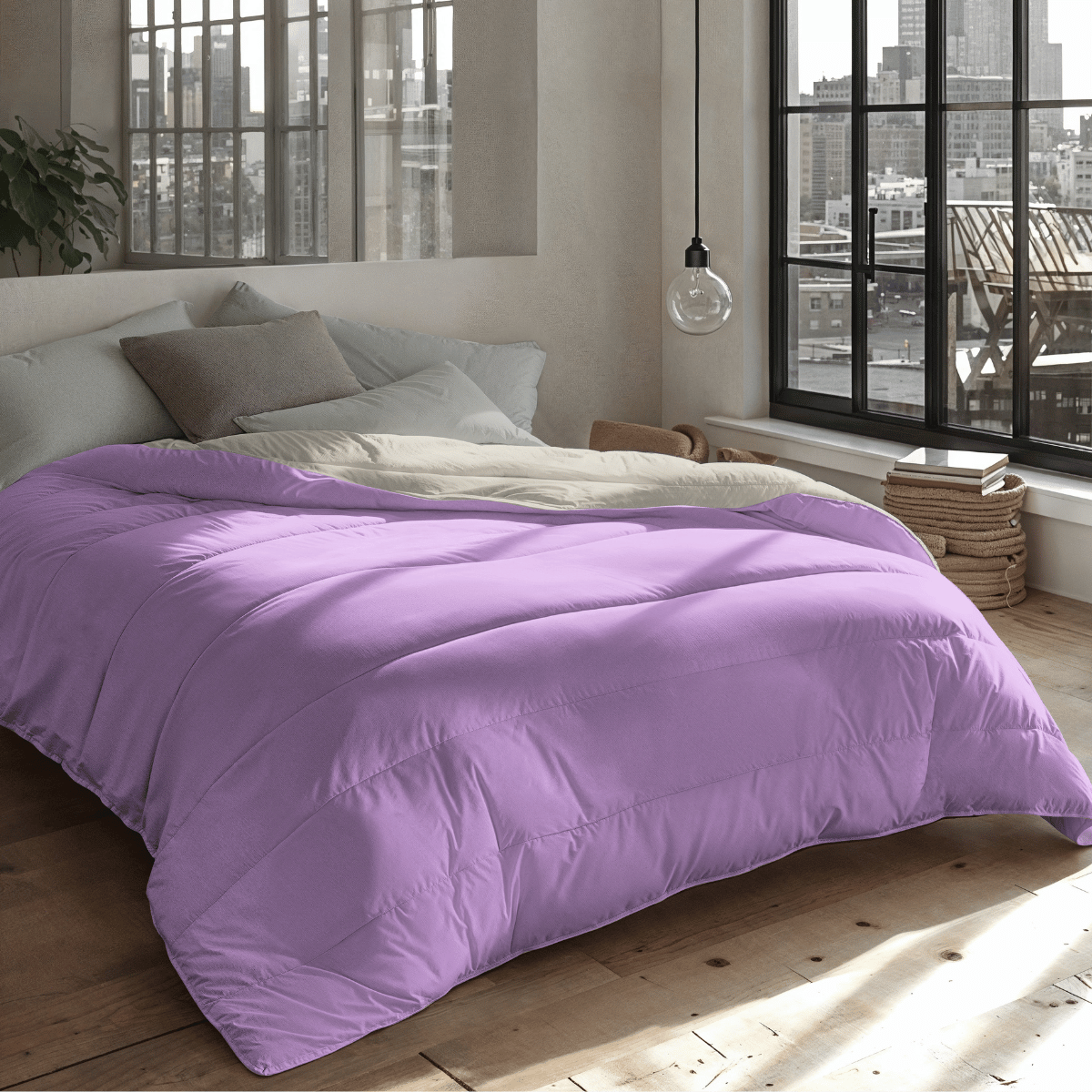 Dans une chambre à coucher moderne, près de grandes fenêtres ensoleillées, se trouve un lit soigneusement fait avec le Zelesta Royalbed Light - Lilas & Plage de Sable et plusieurs oreillers.