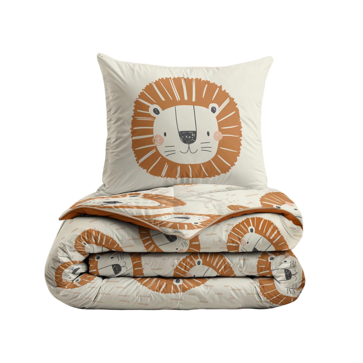 Le Kiddybed de Zelesta - Lion Chanceux est un ensemble de literie hypoallergénique, lavable, avec un adorable visage de lion de dessin animé marron et beige sur l'oreiller et la housse de couette - parfait pour les enfants et facile à nettoyer.