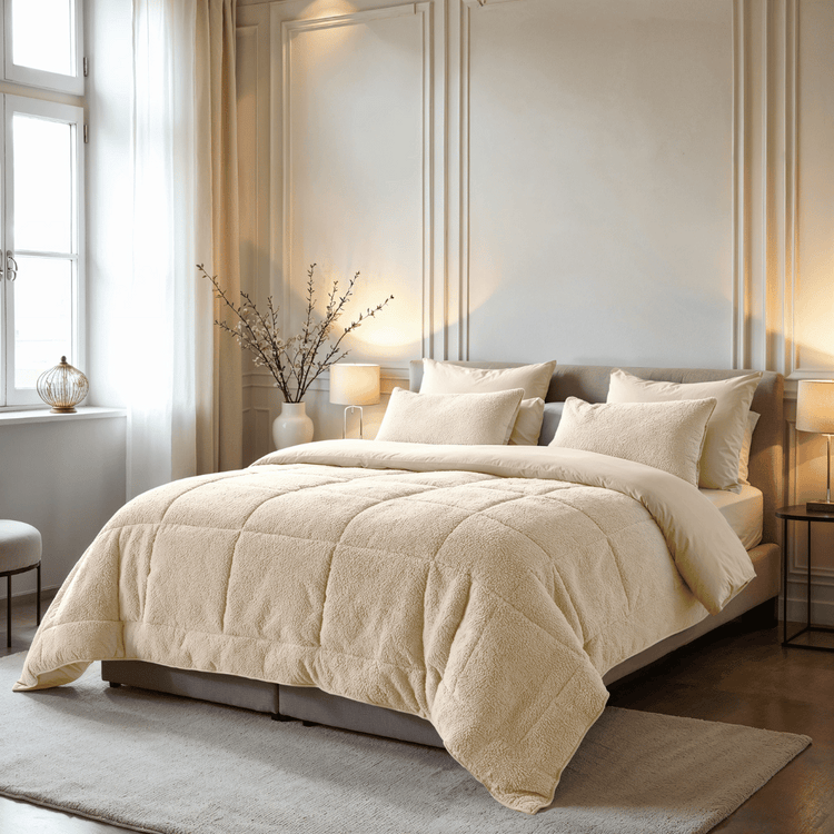 Un lit bien fait avec la literie douillette Zelesta Teddybed - Crème dans une chambre élégante et bien éclairée, avec des tons neutres, une grande fenêtre et un décor minimaliste.