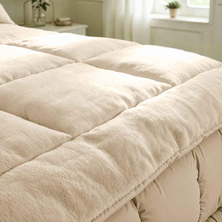 Gros plan sur la couette Zelesta Teddybed - Crème, une couette matelassée beige au design élégant, soigneusement disposée sur un lit dans une chambre à coucher ensoleillée.