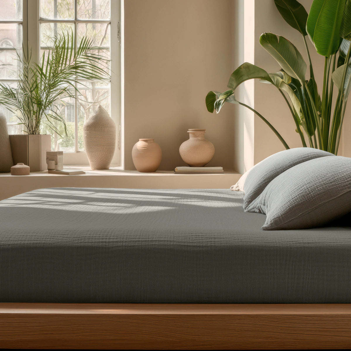 Drap-Housse Mousseline - Gris-Vert