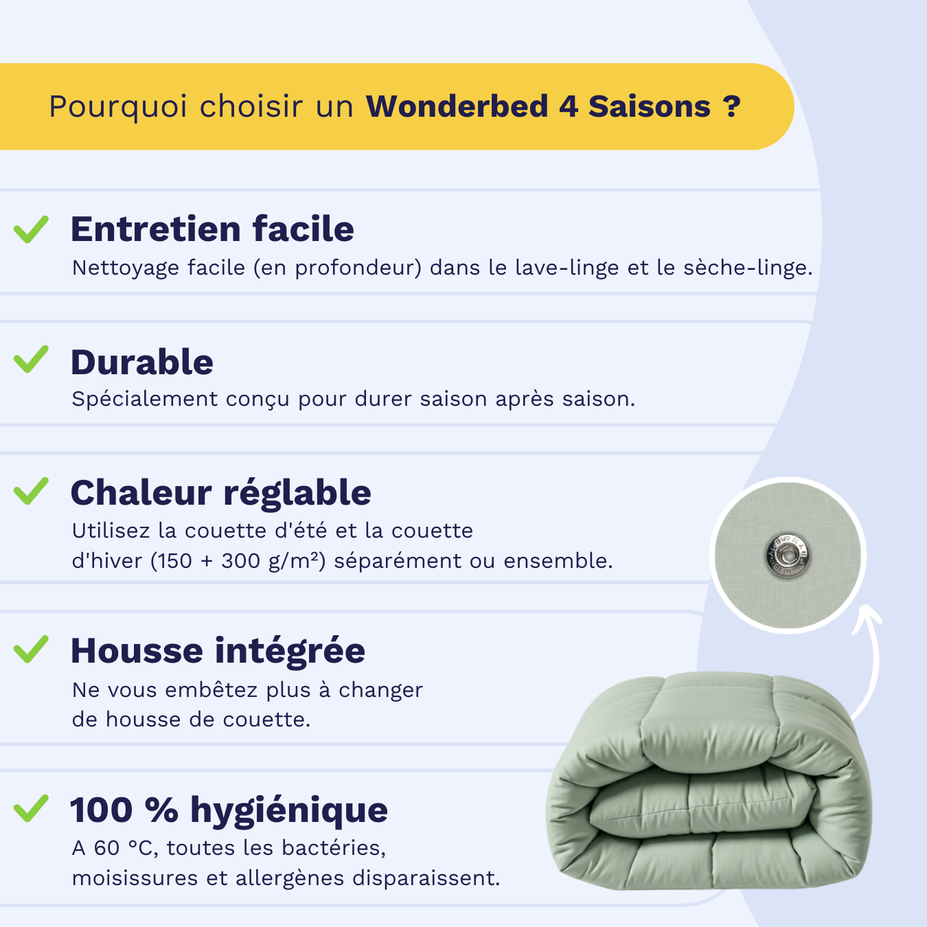 Zelesta Wonderbed 4 Saisons Double Coton - Vert Naturel