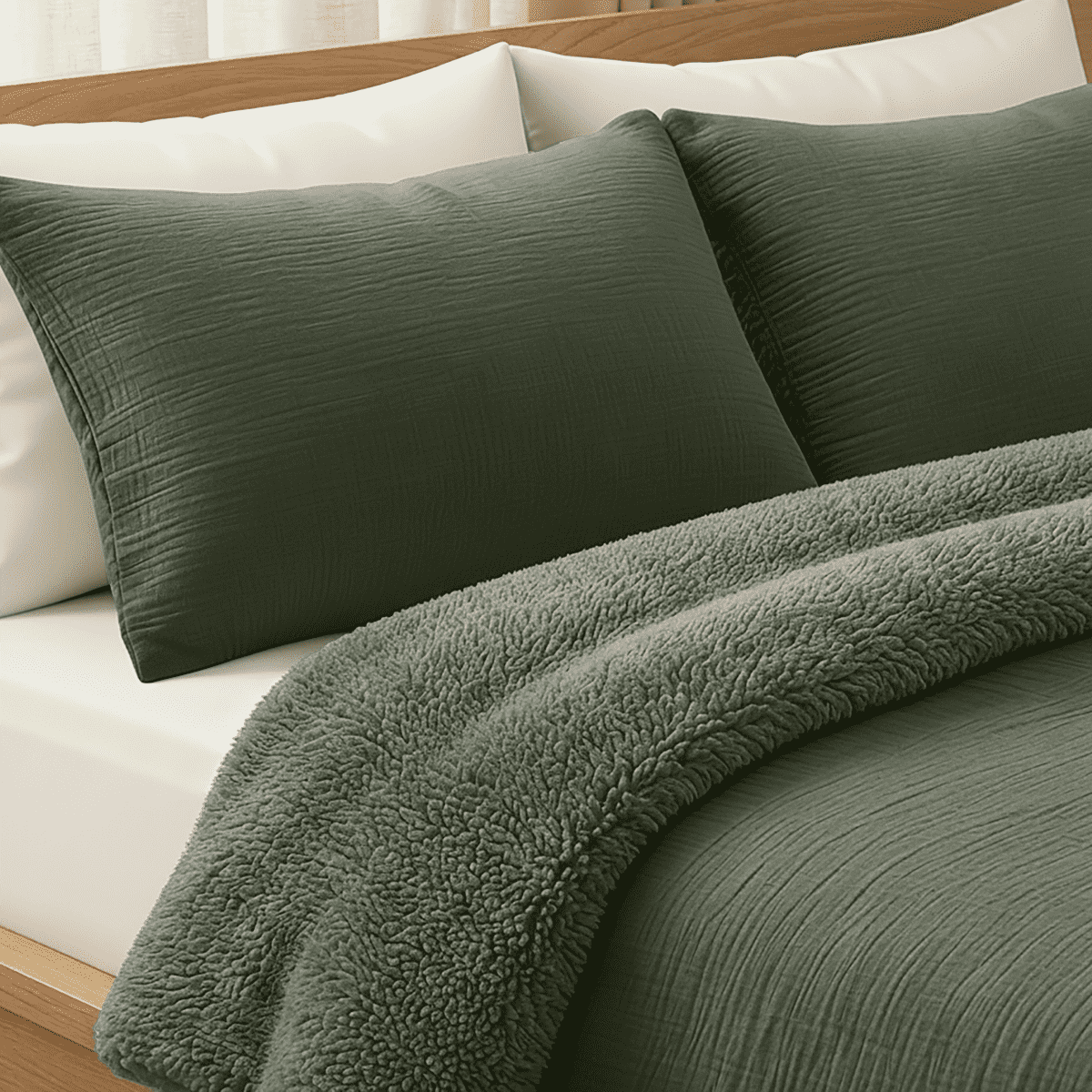 Un lit bien fait avec la doudoune Zelesta Teddy Mousseline de Coton - Vert, des oreillers coordonnés vert foncé, des draps blancs impeccables et une tête de lit en bois.