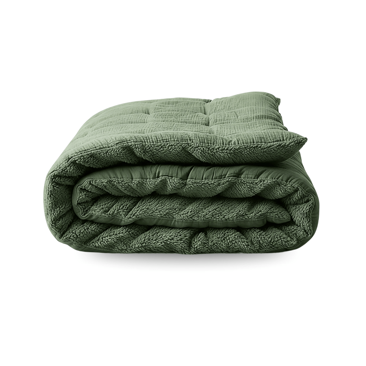La Zelesta Teddy Mousseline de Coton - Vert, une couverture matelassée verte pliée, est présentée sur un fond blanc uni.